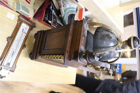 A walnut and brass mounted mantel clock and a thermometer clock 61cm